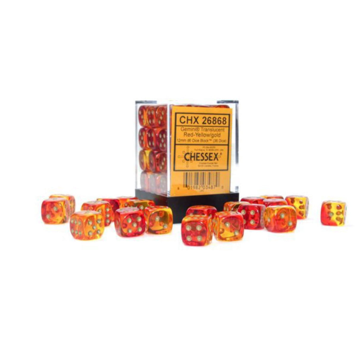 Chessex Dice Set - 12mm Gemini: Translucent Red-Yellow/Gold Dice Block - Dungeons and Dragons D&D DND TTRPG Dice - Includes 36 Dice - D6