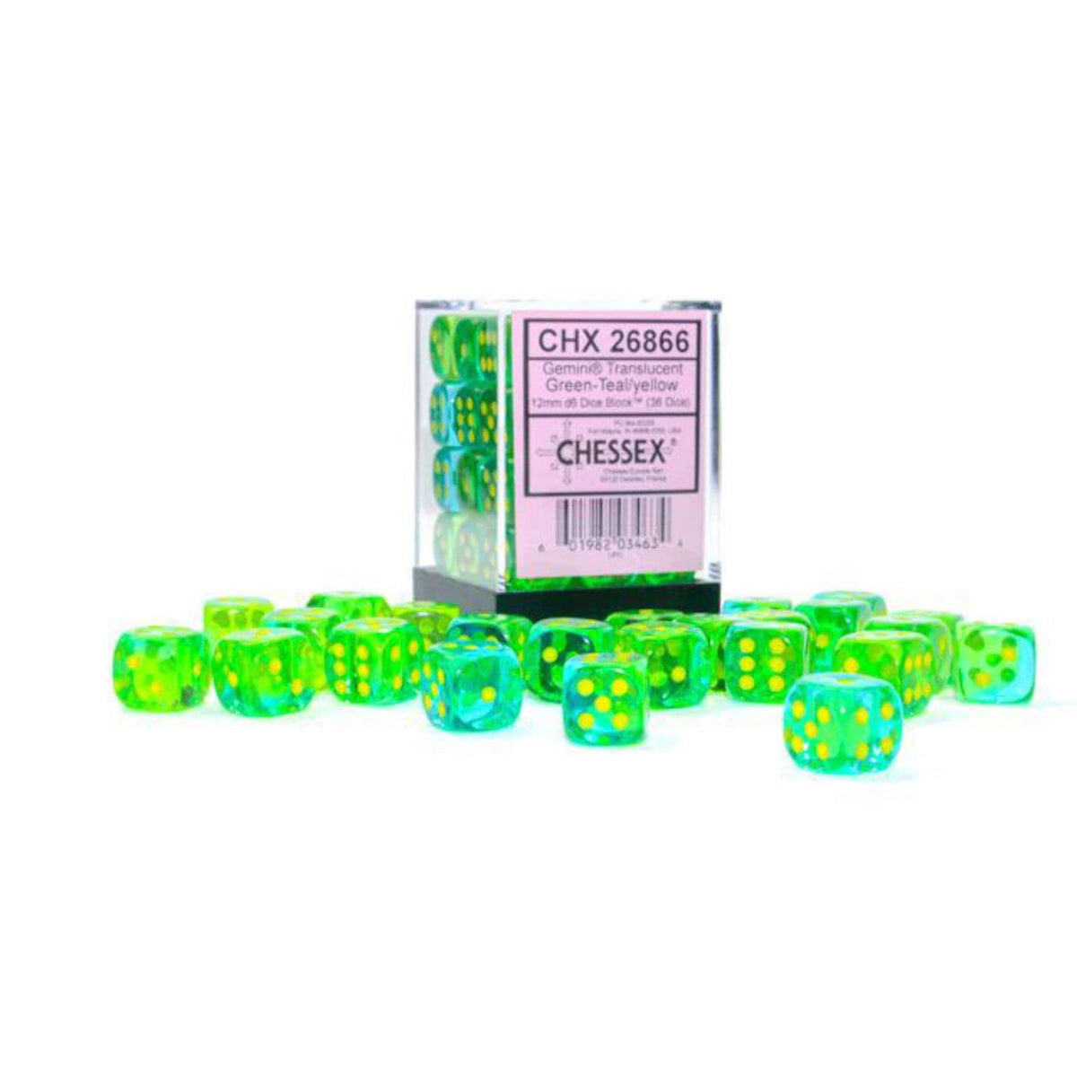 Chessex Dice Set – 12mm Gemini: Translucent Green-Teal/Yellow Dice Block – Dungeons and Dragons D&D DND TTRPG Dice – Includes 36 Dice – D6 (CHX26866)